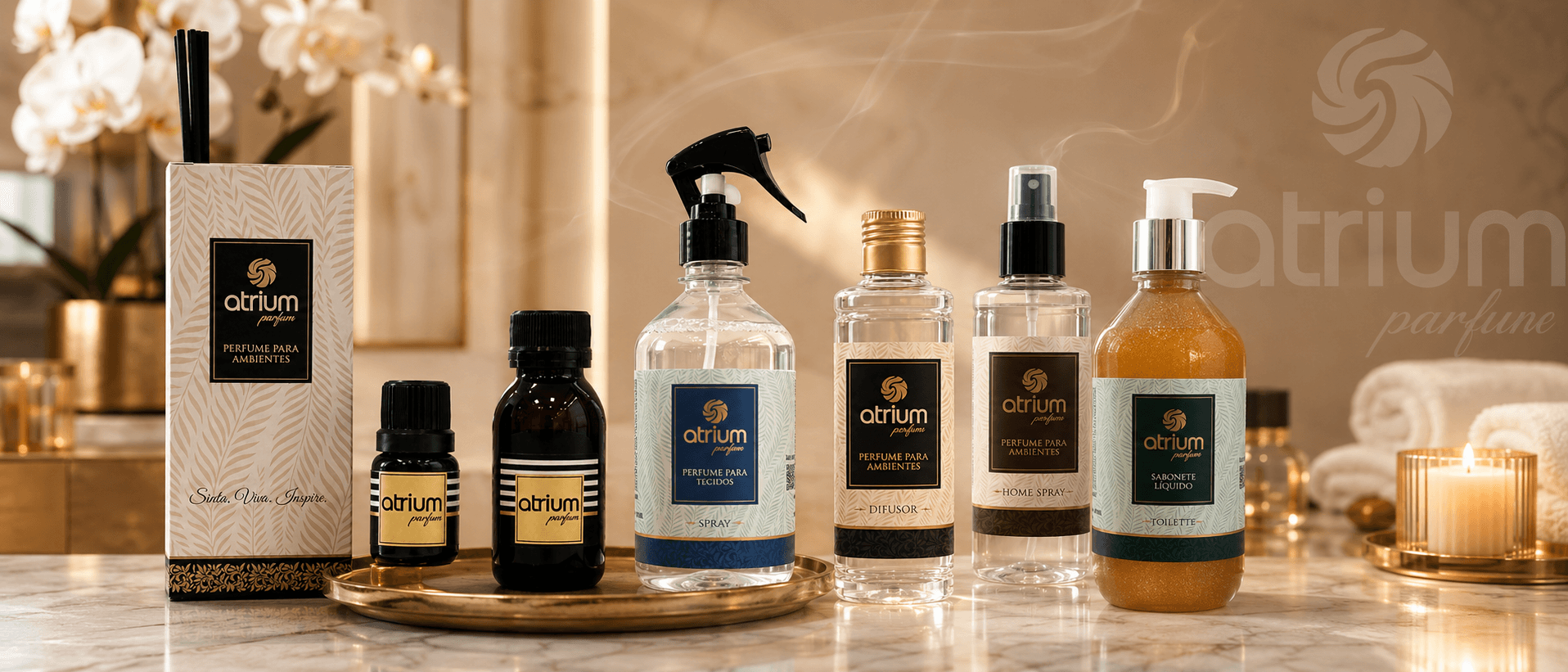 Linha completa Atrium Parfum — home spray, difusor, água para tecidos, essência e sabonete líquido