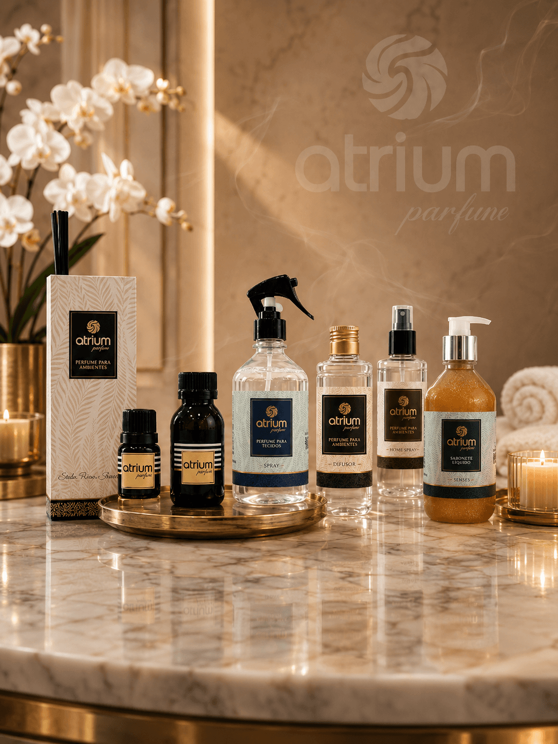 Linha completa Atrium Parfum — home spray, difusor, água para tecidos, essência e sabonete líquido
